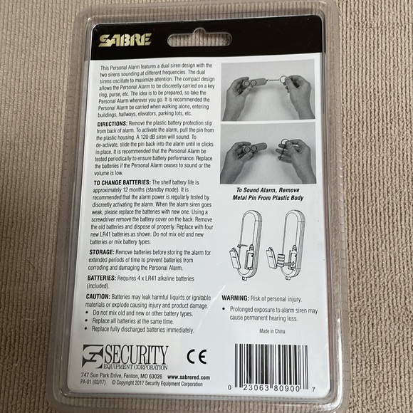 Sabre Personal Alarm with Key Ring. 120 dB Alarm Audible up to 600 ft. away. - Picture 2 of 2